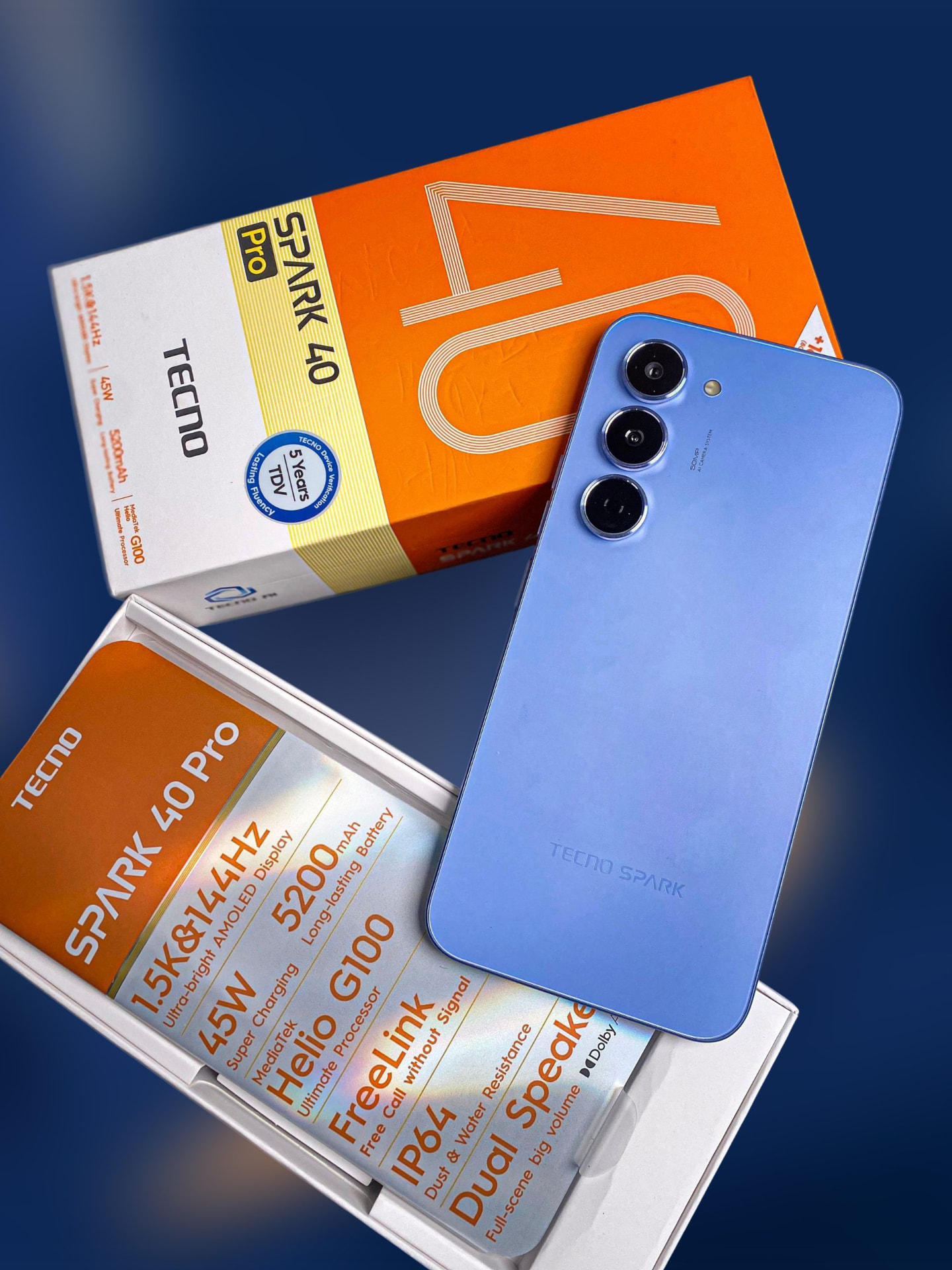 Spark 40 Pro smartphone with retail box — 144Hz AMOLED display, 5200mAh battery, 45W charging